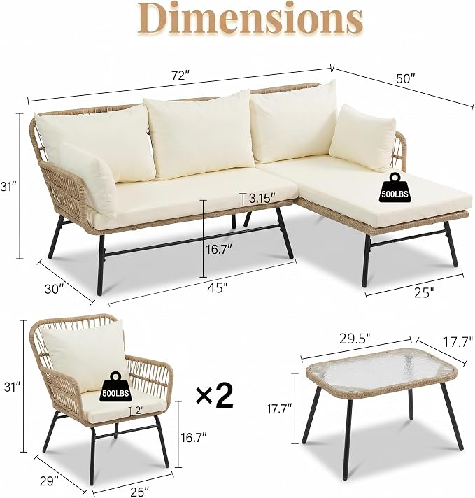 NICESOUL 5Pcs Boho Outdoor Patio Furniture Set, High Back L-Shaped Outdoor Couch with Side Table, 500lbs Sturdy Comfy Wicker Sectional Sofa for Garden Balcony Deck Porch or Backyard, Beige