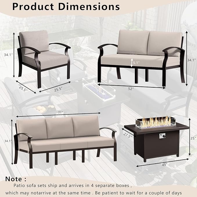 Patio Furniture Set 5-Piece Aluminum Armrest Sofa, Modern Outdoor Living Room Set with 55000 BTU Propane Aluminum Fireplace, Outdoor Rotary Joystick with Thick Cushion