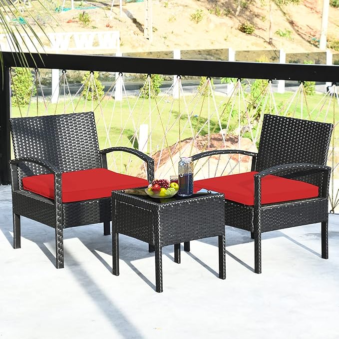Tangkula 3 PCS Patio Conversation Set, Outdoor Rattan Sofa Set with Seat Cushions & Coffee Table, Patio Wicker Furniture Set for Garden Balcony Backyard Poolside (Red)