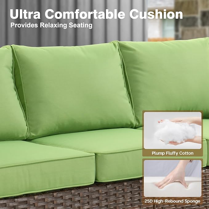 ovios 8 Pieces Patio Furniture Set, Outdoor Wicker Sofa Couch with 54" Fire Pit Table Comfy Cushions, All Weather Brown Rattan Conversation Set for Backyard Deck, Green