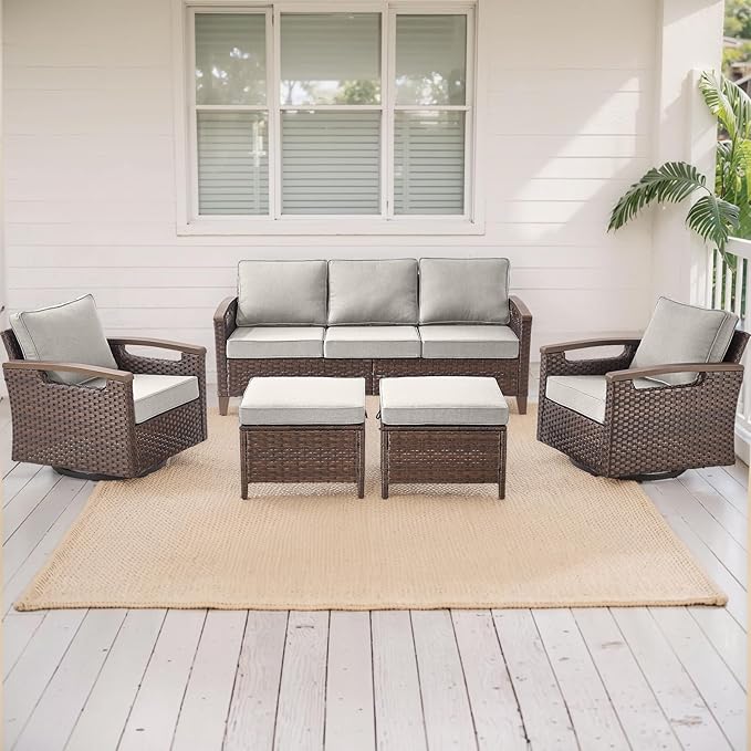 Rilyson Wicker Outdoor Patio Furniture Set - 5 Piece Patio Conversation Sets with Swivel Rocker Chairs, Ottomans and Sofa, Thick Cushions, Waterproof Wicker, for Porch Deck Brown/Beige