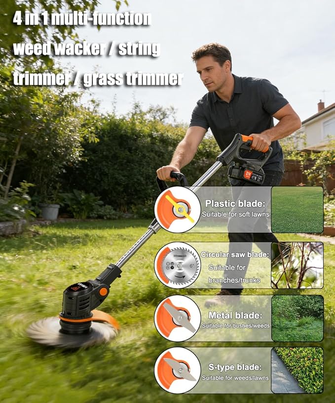21V Battery Weed Wacker Cordless – 650W Motor & 6000 RPM Battery Powered Weed Wacker Eater with 2X 2.0Ah Batteries, Powerful Electric Weed Wacker Cordless for Effortless Garden & Lawn Care