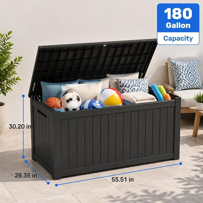 180 Gallon Large Outdoor Storage XXL Deck Box for Patio Furniture, Outdoor Cushions, Garden Tools and Sports/Pools Equipment, Waterproof Resin, Lockable, Black (Black + Plastic-2)