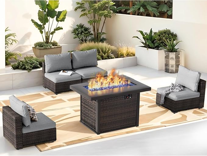 Outdoor Sectional Furniture, 5 Piece Patio Furniture Set with 42-inch Fire Wicker Propane Fire Pit Table - All Weather Wicker Rattan Couch Sofa Conversation Set for Backyard Lawn Poolside Deck, Grey