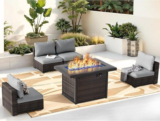 Outdoor Sectional Furniture, 5 Piece Patio Furniture Set with 42-inch Fire Wicker Propane Fire Pit Table - All Weather Wicker Rattan Couch Sofa Conversation Set for Backyard Lawn Poolside Deck, Grey