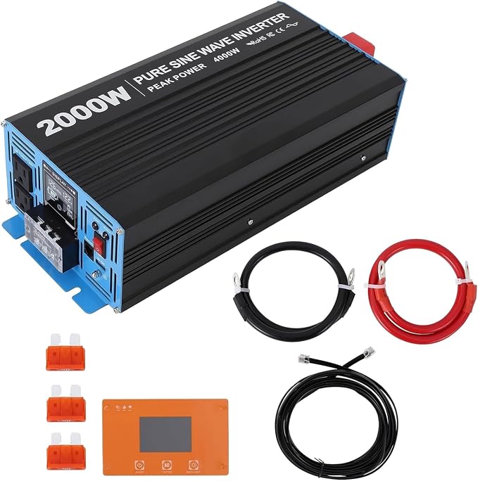 2000W Pure Sine Wave Power Inverter 12V to 110V/120V DC to AC with LCD Display, Remote Controller 3 x AC Outlets & 2.1A USB Car Adapter for Car Truck Boat RV Solar System