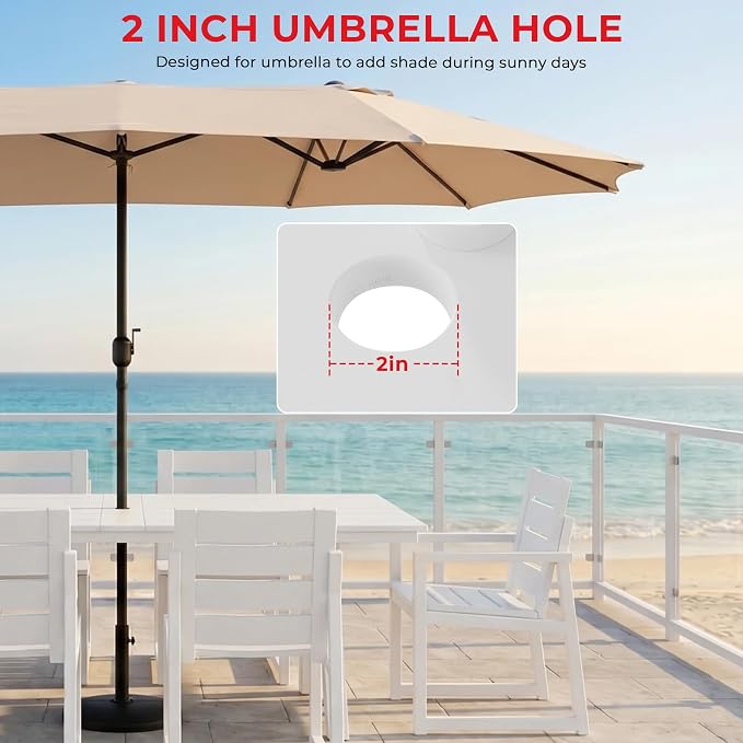 Costaelm Stinson 9-Piece Outdoor HDPE Patio Dining Table Set with Umbrella Hole & Dining Chairs for 8, White