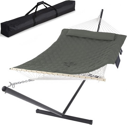 SUNCREAT Patio Portable Hammock with Stand, Carrying Bag, Outdoor Double Hammock with Stand Included, Gray Green Drops
