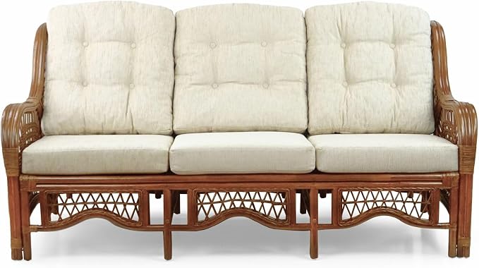 Malibu Lounge Set of 4: 2 Natural Rattan Wicker Chairs, Three-Seater Sofa with Cushions, and Coffee Table with Glass Handmade, Colonial Color