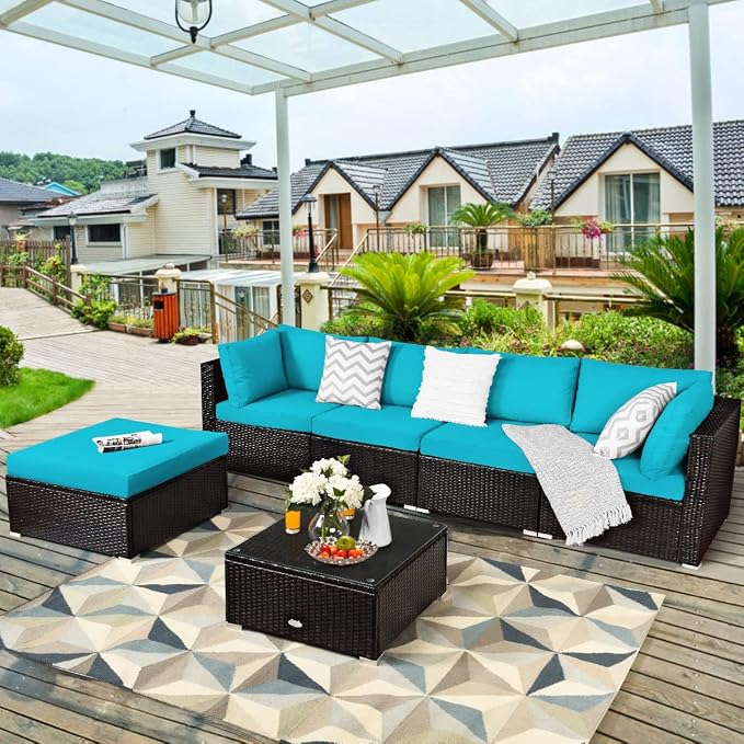 RELAX4LIFE 6-Piece Patio Sofa Set - Outdoor Sectional Sofa Set Wicker Conversation Set w/Table & Removable Cushions, Modular Sofa Set Patio Furniture for Backyard, Poolside, Balcony (Turquoise)