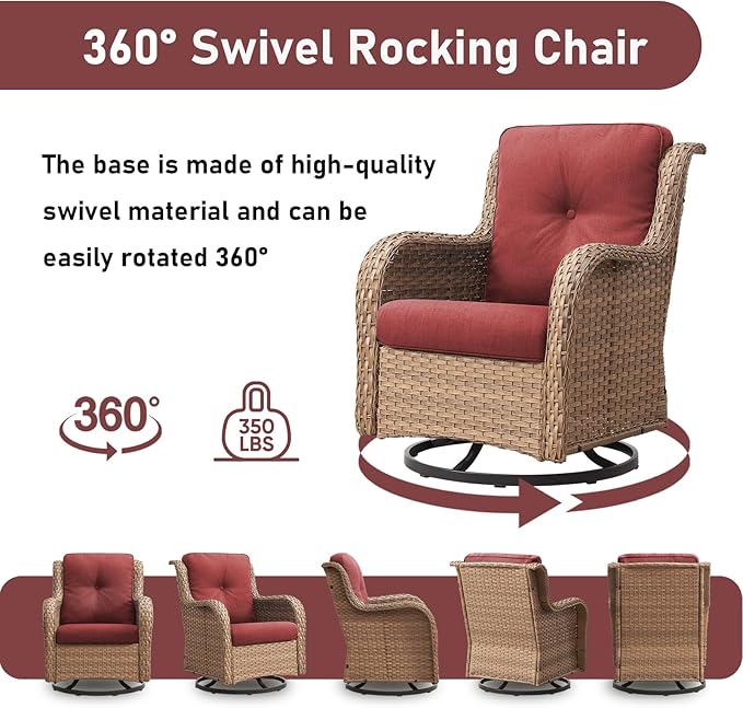Outdoor Swivel Rocker Patio Chairs-Wicker Patio Swivel Chairs Set of 2 PE Rattan Patio Furniture for Porch Deck Balcony Garden-Yellow/Red