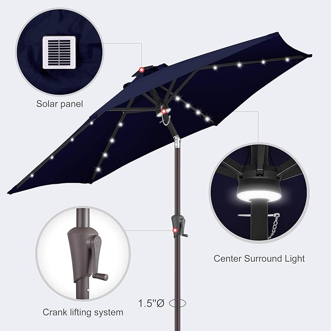 7.5ft Solar Umbrella Outdoor - Lighted Solar Patio Umbrella with 24 LED Lights Waterproof UV Protection, Table Umbrella with Tilt for Pool, Porch, Garden, Deck, Backyard (Navy Blue)