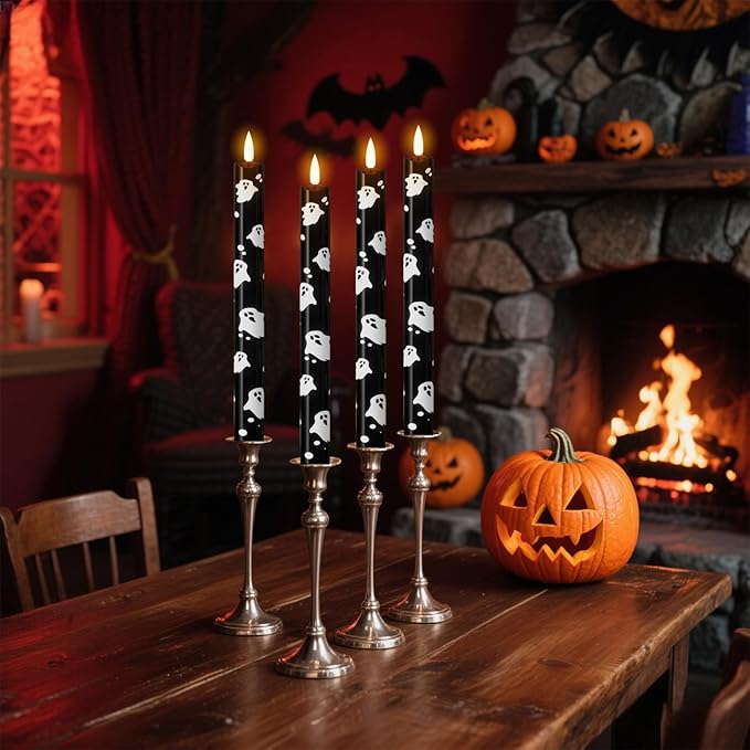 Eldnacele Flameless Flickering Taper Candles with Remote and Timer, Battery Operated Ghost Decal Real Wax Black LED Window Candles Set of 4 Fireplace Spooky Halloween Holiday Decor