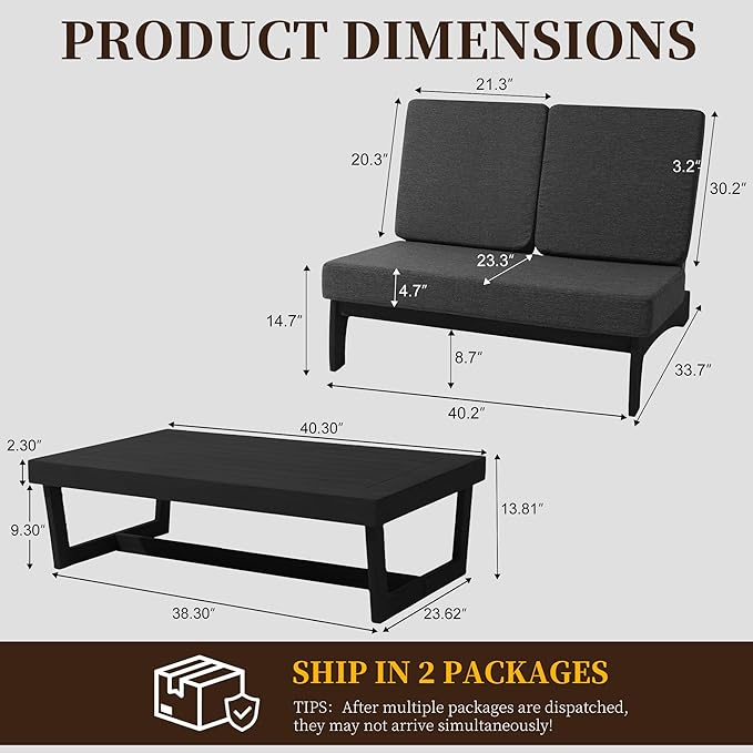 UIXE 2 Pieces All Weather Wood Patio Furniture Sets, Patio Loveseat Outdoor Sofa with Solid Wooden Coffee Table, Black Teak - Dark Gray