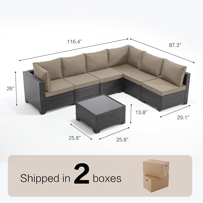 7-Piece Outdoor Patio Furniture Set, Brown PE Rattan Weaving Sofa with Dark Khaki Cushions and Steel Frame, Coffe Table Included, Outdoor Conversation Set