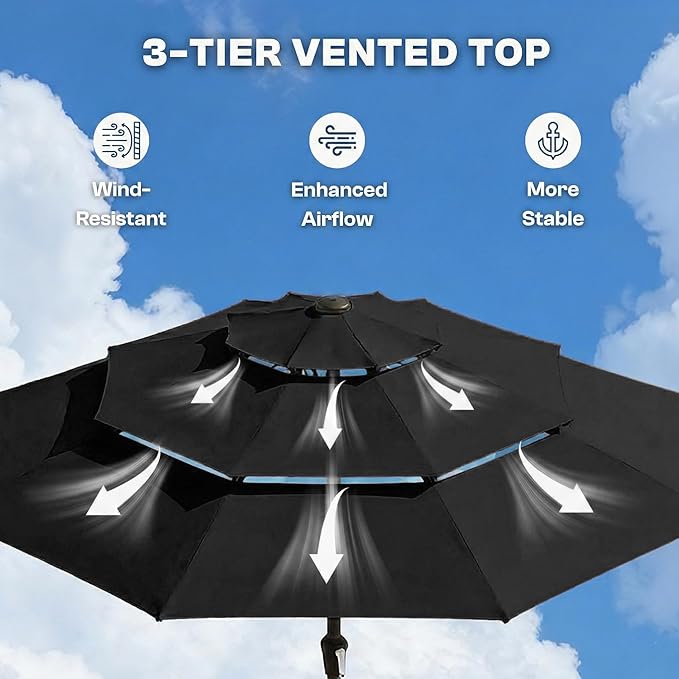 10ft 3-Tier Patio Umbrella with 32 Solar Powered LED Lights, Windproof Outdoor Market Umbrella for Deck, Poolside & Garden, Sturdy Push-Button Tilt Table Umbrella, Black