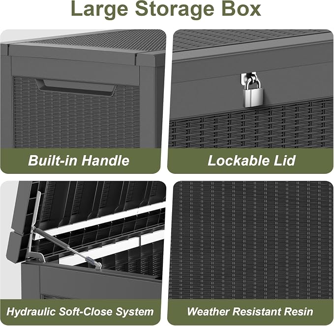 200 Gallon Outdoor Storage Deck Box, Large Storage Organizer for Patio Furniture Accessories, Garden Tools, Indoor Storage for Cushion, Black