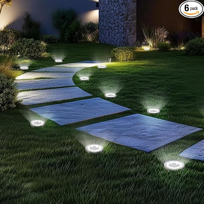 ZAIYW 6 Pack Solar Ground Lights Outdoor Waterproof Garden Lights Solar Powered Disc Landscape Lighting for Pathway Yard Lawn Walkway Deck Decoration (Cool White)