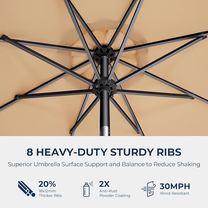 HOMSHADE 9ft Solar Patio Umbrella - Solar Lights LED Lighted UPF50+ UV Protection Umbrella, Outdoor Market Table Umbrella with Push Button Tilt, Crank for Pool Deck and Garden (Beige)
