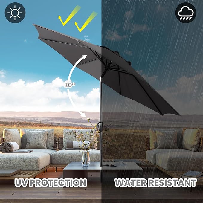 Sun-Ray 9' Round Patio Umbrella with Push-Button Tilt and Hand Crank Lift System, Market Umbrella for Porch, Deck, and Patio