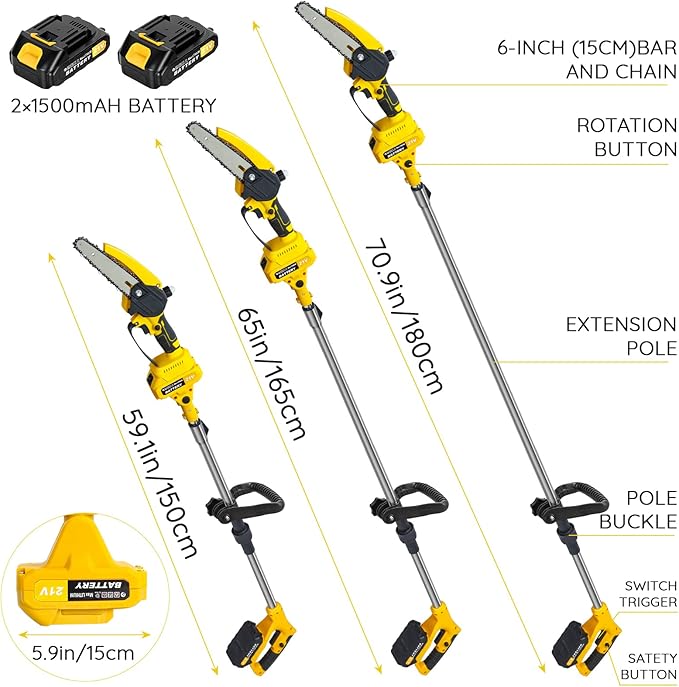 2 in 1 Electric Pole Saw for Tree Trimming, 21V 6 inch Mini Chainsaw Cordless with Extension Pole, Battery Powered Pole Chain Saw, 5.9 Feet MAX Reach Pole Saw with 2 x 1.5Ah Battery