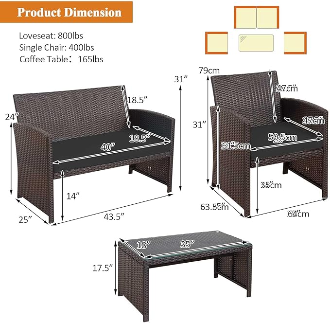 HAPPYGRILL 4 Pieces Rattan Conversation Set Outdoor Wicker Furniture Set with Tempered Glass Coffee Table, Soft Cushions, Weather-Resistant Rattan Chair Set for Garden Backyard Poolside (Black)