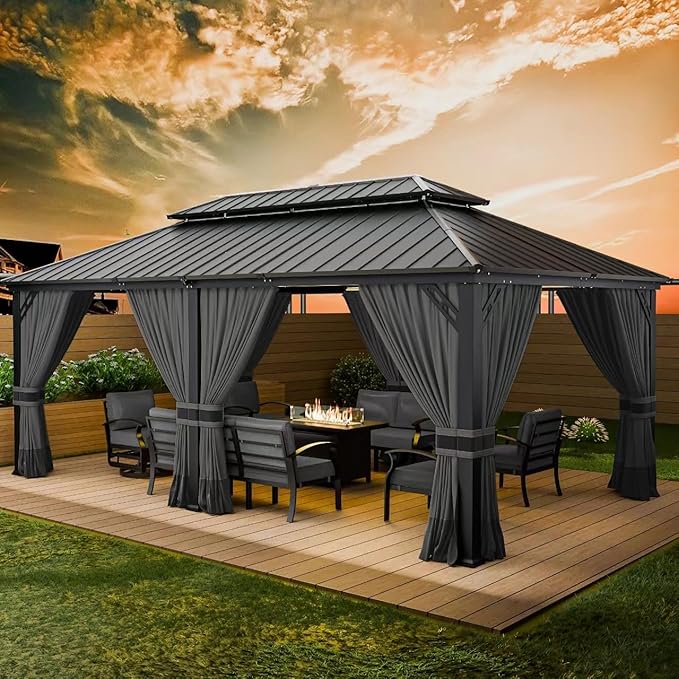 12' x 20' Hardtop Gazebo,Outdoor Permanent Pavilion Double Galvanized Steel Roof Pergola with Nettings and Curtains,Patio Sunshade Gazebos for Patio Lawns Backyard Deck,Grey