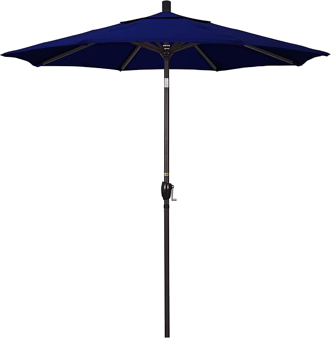 California Umbrella 7.5' Round Aluminum Market Umbrella, Crank Lift, Push Button Tilt, Bronze Pole, Sunbrella True Blue