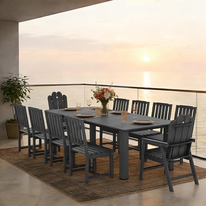 11-Piece Patio Dining Set, Outdoor Dining Set for 10, HDPE All-Weather Outdoor Furniture with 89.57” Umbrella Hole Table, 2 Armchairs & 8 Armless Chairs, Gray