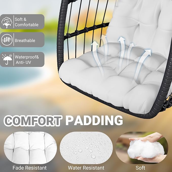 CHABATREE Egg Chair with Stand,Patio Rattan Wicker Hanging Swing Egg Chair Hammock Chair for Bedroom Porch Garden,Thickened Aluminum Alloy Steel Frame and UV Resistant Cushion,350LBS Capacity