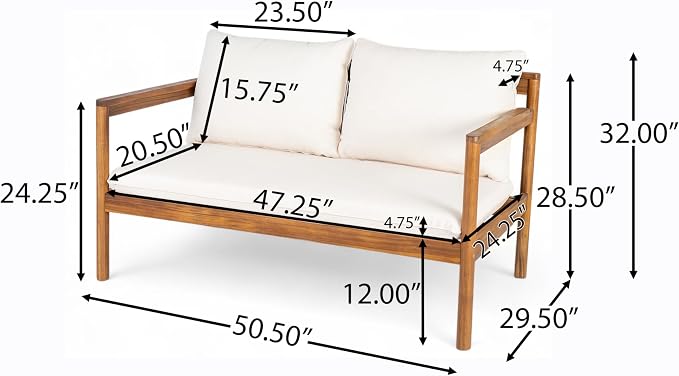 Christopher Knight Home Vorms 4-Piece Acacia Wood Patio Furniture Set with Rope Backrest, Patio Conversation Chat Set for Backyard Balcony, Outdoor 4-Seater Seating Group with Coffee Table, Teak+Cream