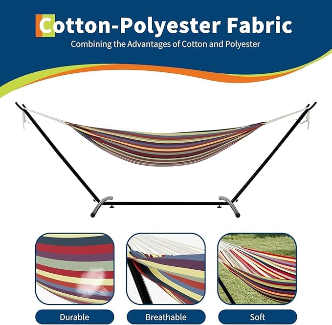 in ＆ Outdoor Double Hammock with Stand Can Bear 450lb Capacity, 2 Person Portable Foldable Hammock, Heavy-Duty Hammock,for Garden/Backyard/Patio,Yellow Rainbow Stripes