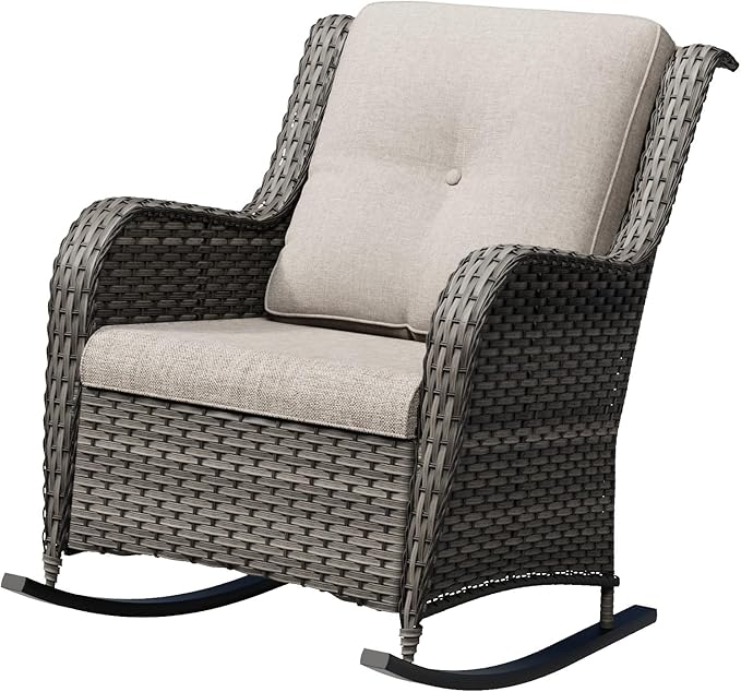 Outdoor Rocking Chair, Wicker Patio Chair with Thickened Olefin Cushions, High Back and Deep Seating, Hand-Woven PE Rattan for Porch, Deck, Balcony, Beige