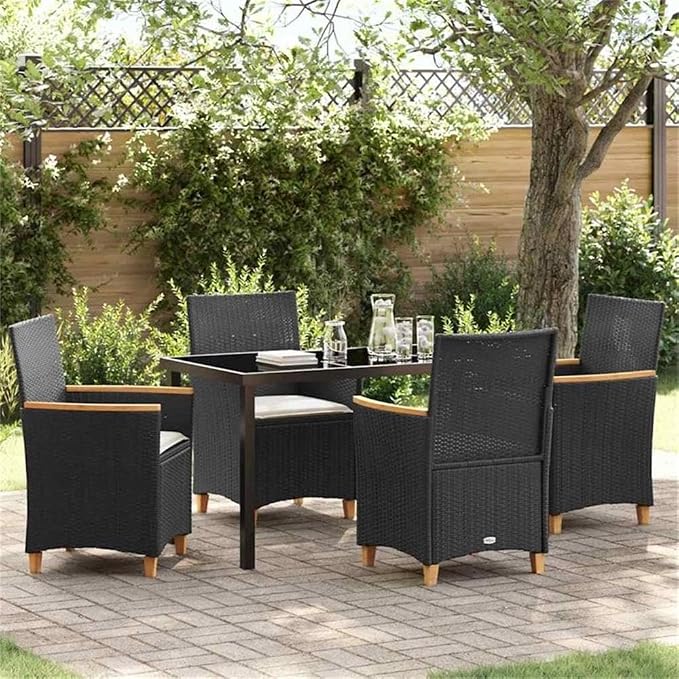 Afuera Living 5 Piece Poly Rattan Garden Dining Set, Black Finish, Steel Frame with Glass Tabletop, Weather-Resistant and Durable, Modern Patio or Outdoor Terrace Seating for 4