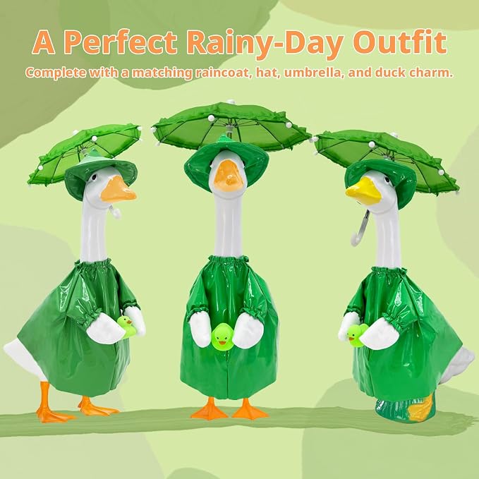 23 Inch Porch Goose Raincoat Outfit Set with Umbrella & Baby Duck Companion, Waterproof Geese Clothes for 19–23 Inch Goose and Duck Statues,Garden Yard Patio Outdoor Decor