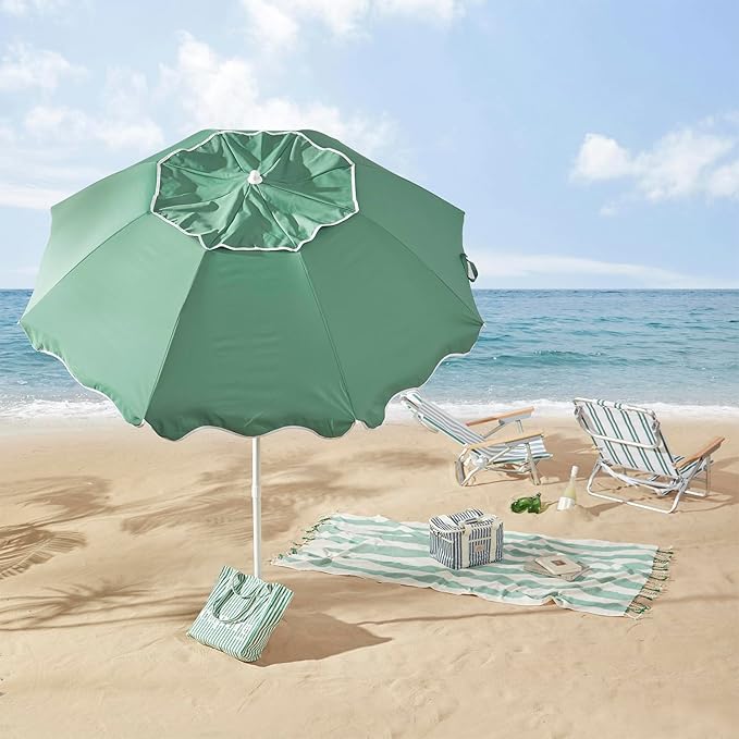 7.2FT Patio Beach Umbrella, Adjustable Height and Tilt Design, UPF 50+ Sun Protection with Silver Coating, Wind-Resistant Fiberglass Ribs, Portable 2-Fold Design, Includes Carry Bag, Base Not Included