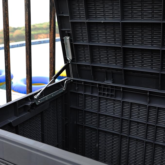 Modern-Depo 100 Gallon Deck Box Waterproof Outdoor Storage Bench | Polypropylene PP Garden Tools Pool Towel Storage Bin Porch Delivery Box, Black