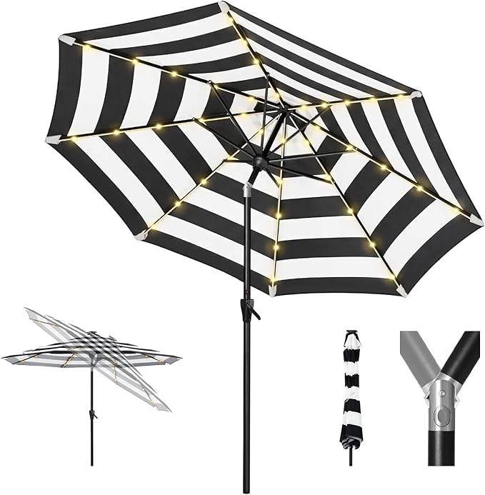 Tempera Solar Patio Umbrella 40 LED Lighted Outdoor Umbrella Table Market Umbrella with Push Button Tilt and Crank, Solar Umbrella with Sturdy Pole&Fade Resistant Canopy, Easy to Set