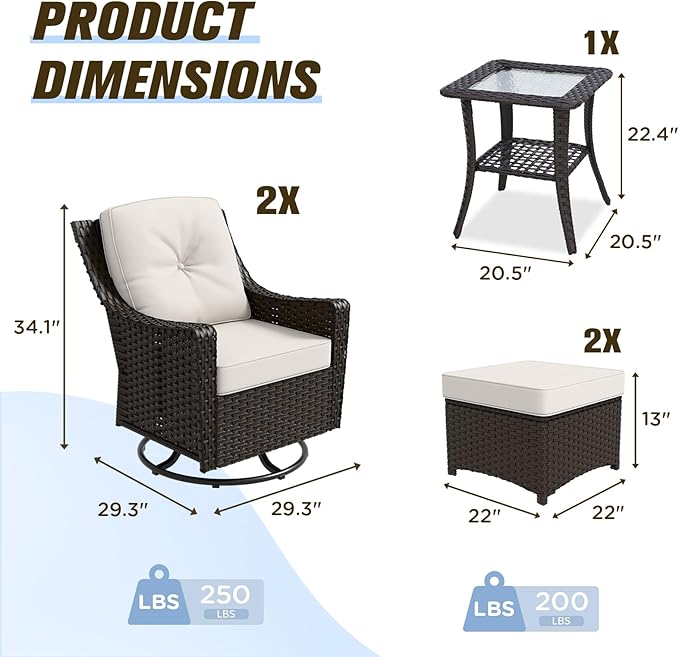 Stone Creek Outdoor Furniture Set with Swivel Rocking Chairs, Side Table & Ottomans, Wicker Patio Conversation Set, Balcony Furniture, 5 Piece, Brown/Beige