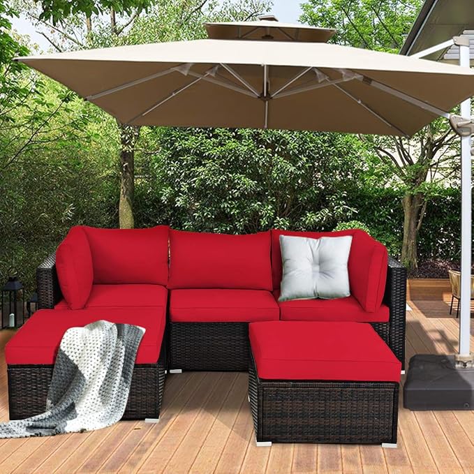 DORTALA 5 Pieces Patio Rattan Furniture Sets, Sectional Sofa Conversation Set w/Steel Frame & Sponge Cushions, Modern Wicker Combination Sofa Set w/Ottoman & Table for Garden Lawn Balcony, Red