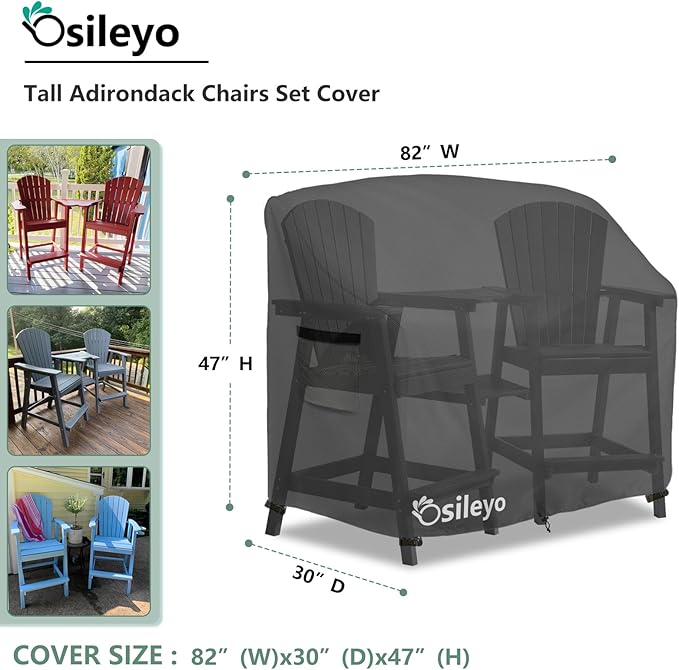 Tall Adirondack Chairs Set Cover for Poly Balcony Chair with Connecting Tray Patio Stools,100% Waterproof Heavy Duty Tall Outdoor Adirondack Chair Table Covers, Black