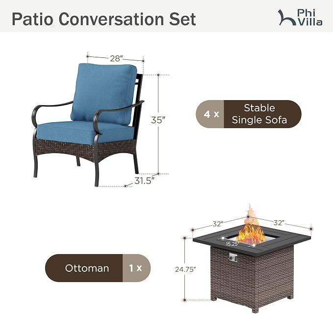 Patio Furniture Set with 32" Fire Pit Table,Patio Conversation Sets 4 Fixed Chairs with Thick Cushion and 50000 BTU Fire Pit Table (5 Pieces,Navy