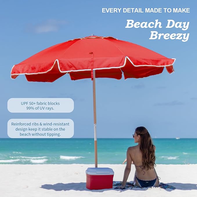 AMMSUN 7.5ft Heavy Duty HIGH Wind Beach Umbrella Commercial Grade wood Beach Umbrella with Air Vent Ash Wood Pole & Portable Carry Bag UPF50+ Protection Windproof Red