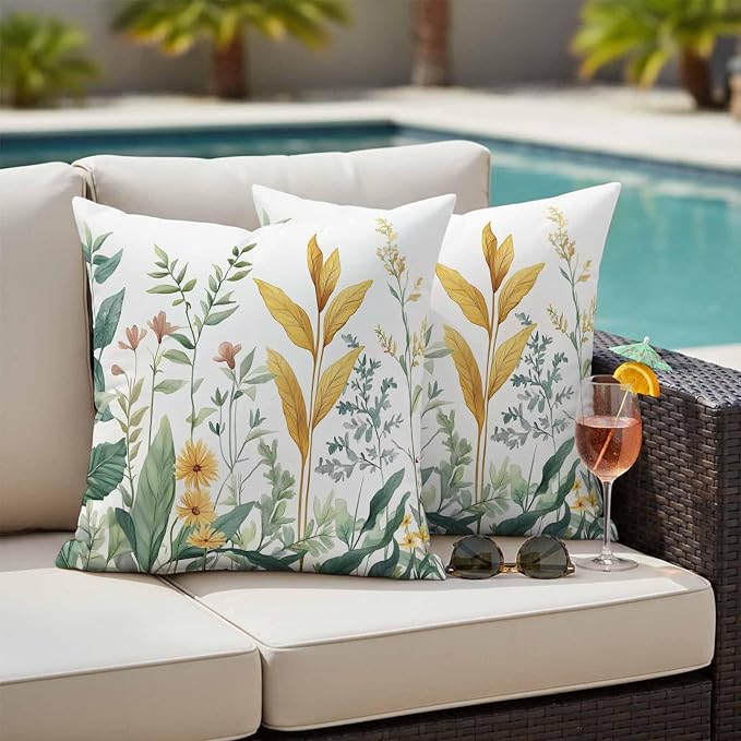 Outdoor Pillow Covers 24x24 Set of 2, Yellow Green Botanical Waterproof Patio Throw Pillow Covers for Couch Sofa Chair, Rustic Watercolor Leaves Decorative Pillowcases for Throw Pillows