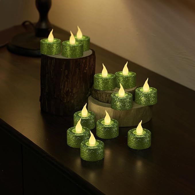 FURORA LIGHTING Green Glitter LED Tealight Candles Pack of 12, Flameless Flickering Tealight Candles for Home Décor, 1.5’’(W) x 1.65’’(H), Battery Operated