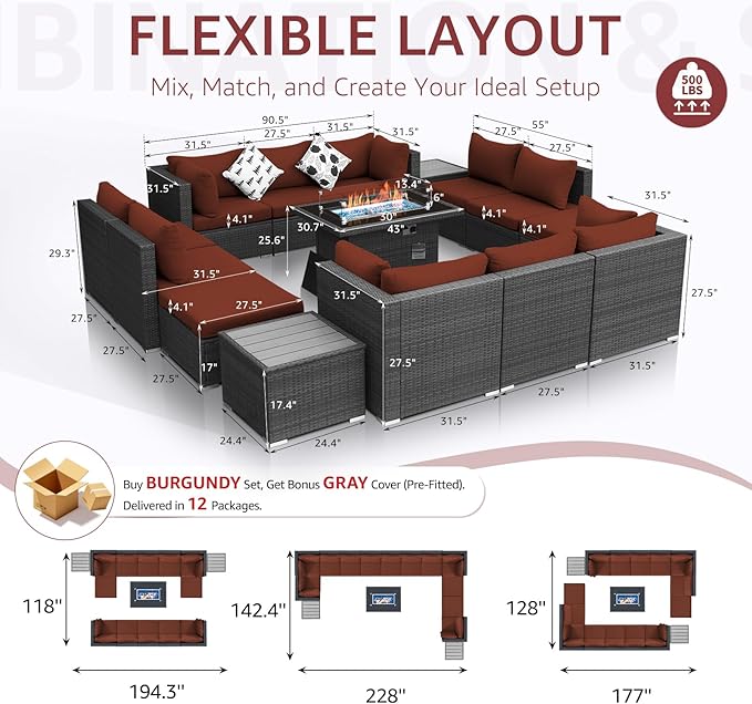 NICESOUL 15 Piece Outdoor Sectional with Fire Pit Table, Modern Luxury Patio Deep Seating w/Firepit, 29.3'' High-Back Wicker Couch Thick, Big High-Weight Capacity Sofa for Terrace, Yard, Gray & Red