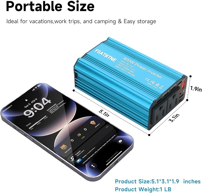 400W Power Inverter, FSATBTNE DC 12V to 110V AC Car Plug Adapter Outlet Converter with [65W PD USB-C] & [18W QC USB-A] Fast Charging Ports and 2 AC Outlets Car Power Inverters for Vehicles