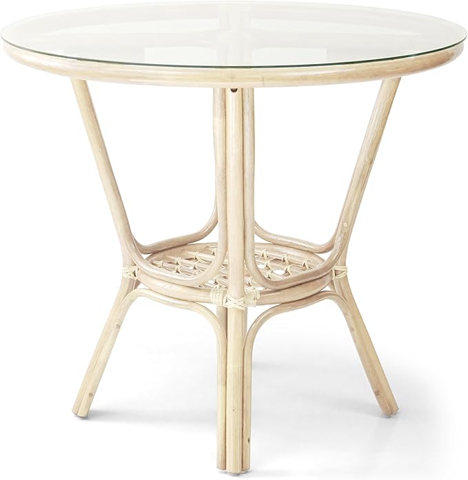 3 Pcs Pelangi Rattan Wicker Dining Set Round Table Glass Top and 2 Arm Chairs with Cream Cushion, White Color