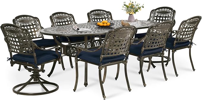 9-Piece Patio Dining Set, Outdoor Patio Table and Chair Set of 84” Oval Cast Aluminum Dining Table with Umbrella Hole, 6 Stationary, 2 Swivel Rocker Chairs, Patio Funiture Set, Navy