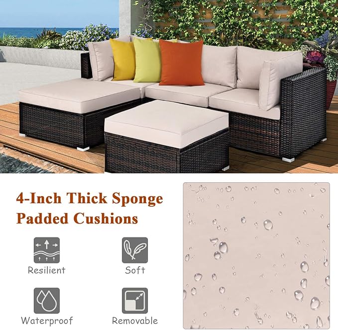 Tangkula 5 Piece Patio Furniture Set, Outdoor Sectional Rattan Sofa Set with Cushions and Coffee Table, Suitable for Backyard Porch Garden Poolside and Deck, Wicker Conversation Set (Brown)